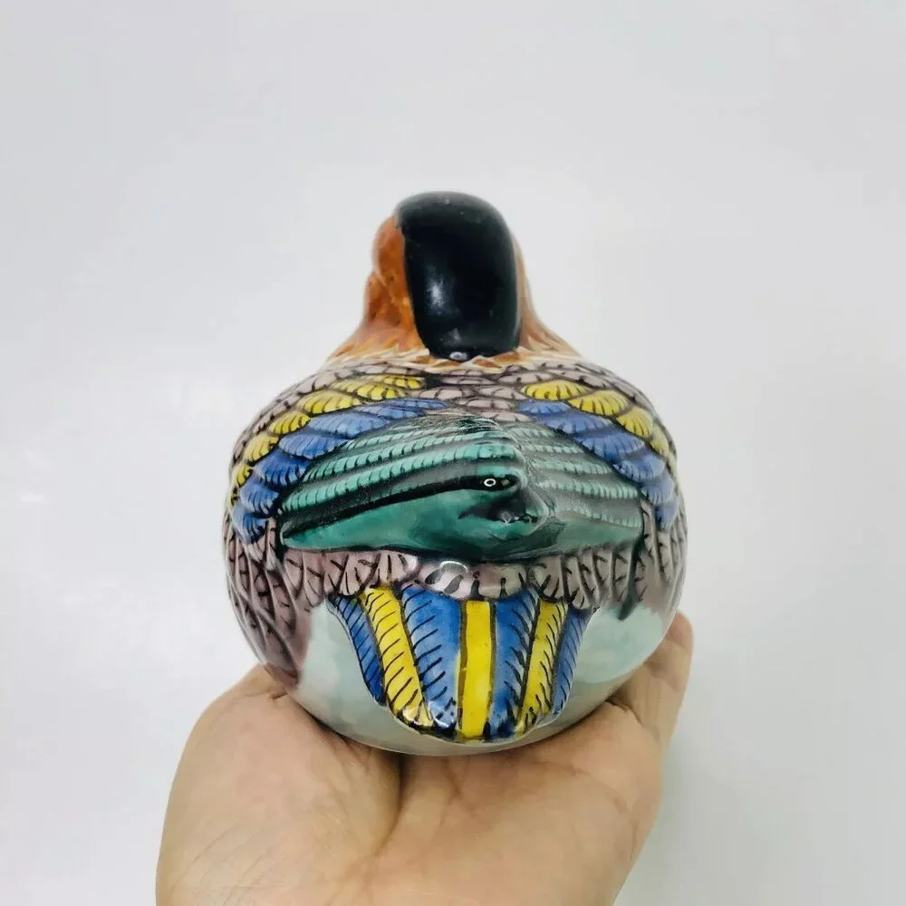 Vintage Bird Figurine Japanese Kutani Mandarin Duck Painted Gilded Signed Stamp - Picture 4 of 9